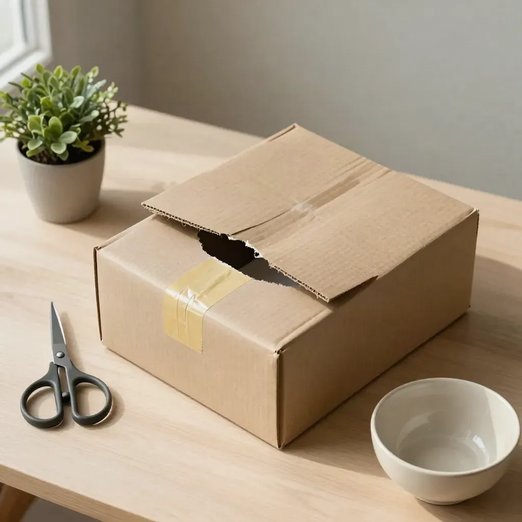 Ett öppnat paket, sax, krukväxt och keramikskål på ljus träyta i mjukt dagsljus.