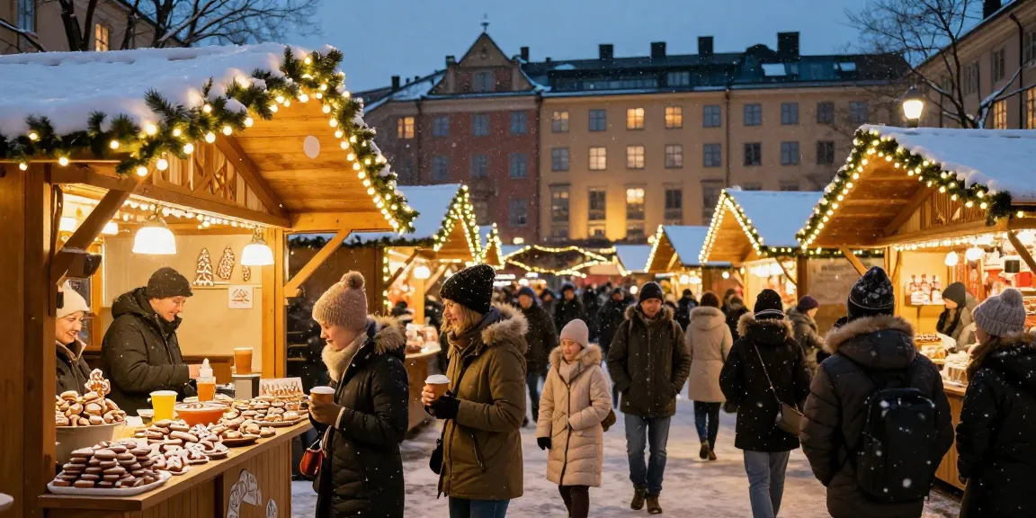 Julmarknad Stockholm med glögg, familjer och jullys i en vinterstämning.