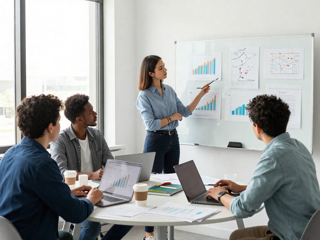 Affärsplan mall ses i ett samarbetsmöte där ett team diskuterar strategier och analyserar data.